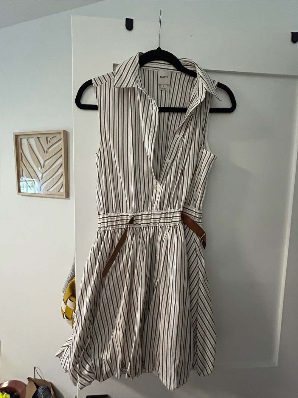 Maeve Cream and Black Striped Sleeveless Shirt Dress with Brown Accents
